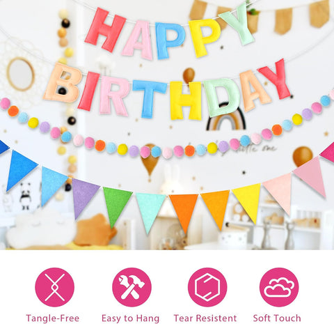 CANREVEL 3 PCS Pre-Strung 3D Happy Birthday Banner Decorations, Pastel