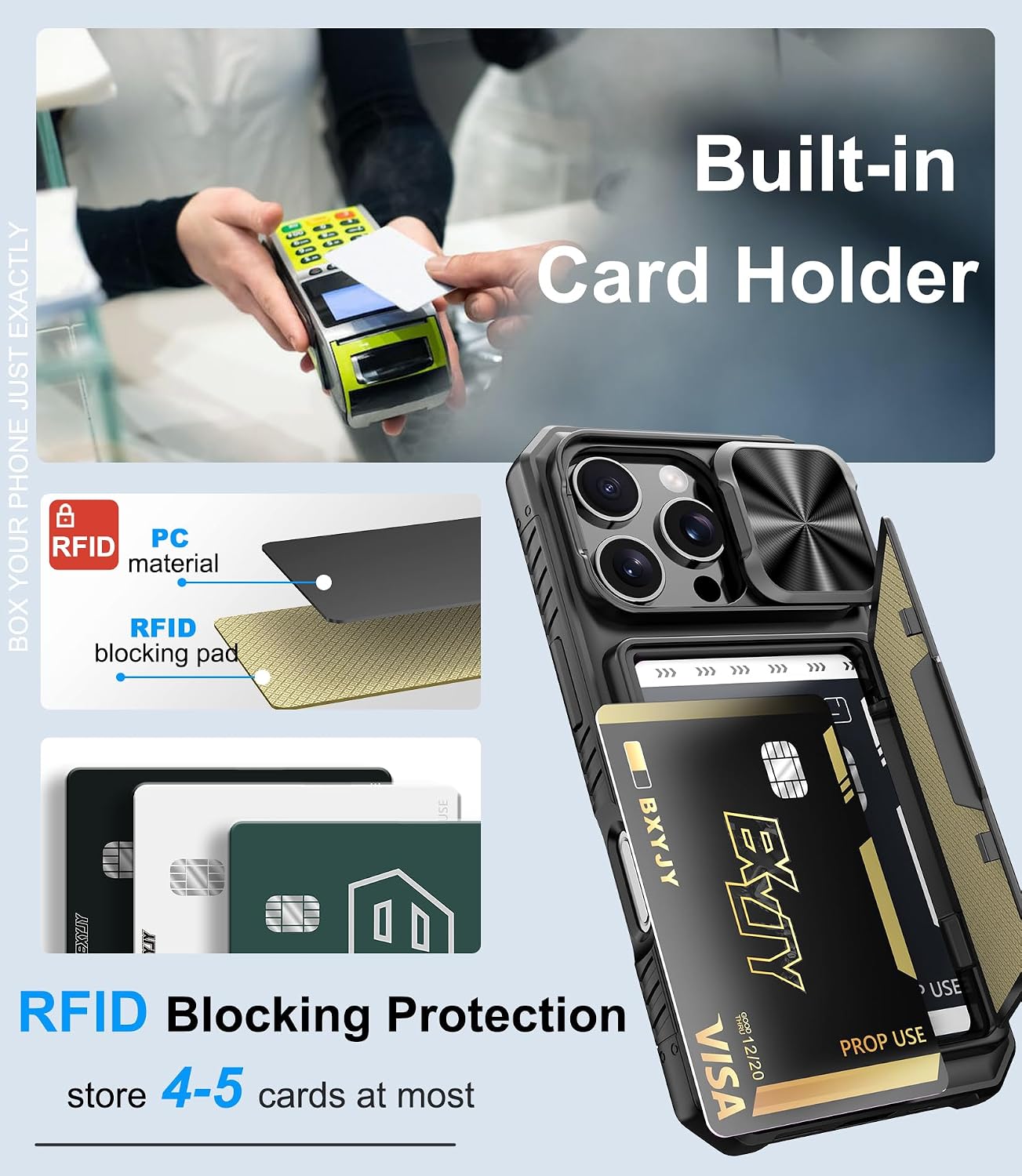 BXYJY for iPhone 16 Pro Case Wallet, Credit Card Holder (4-5 Cards), Black