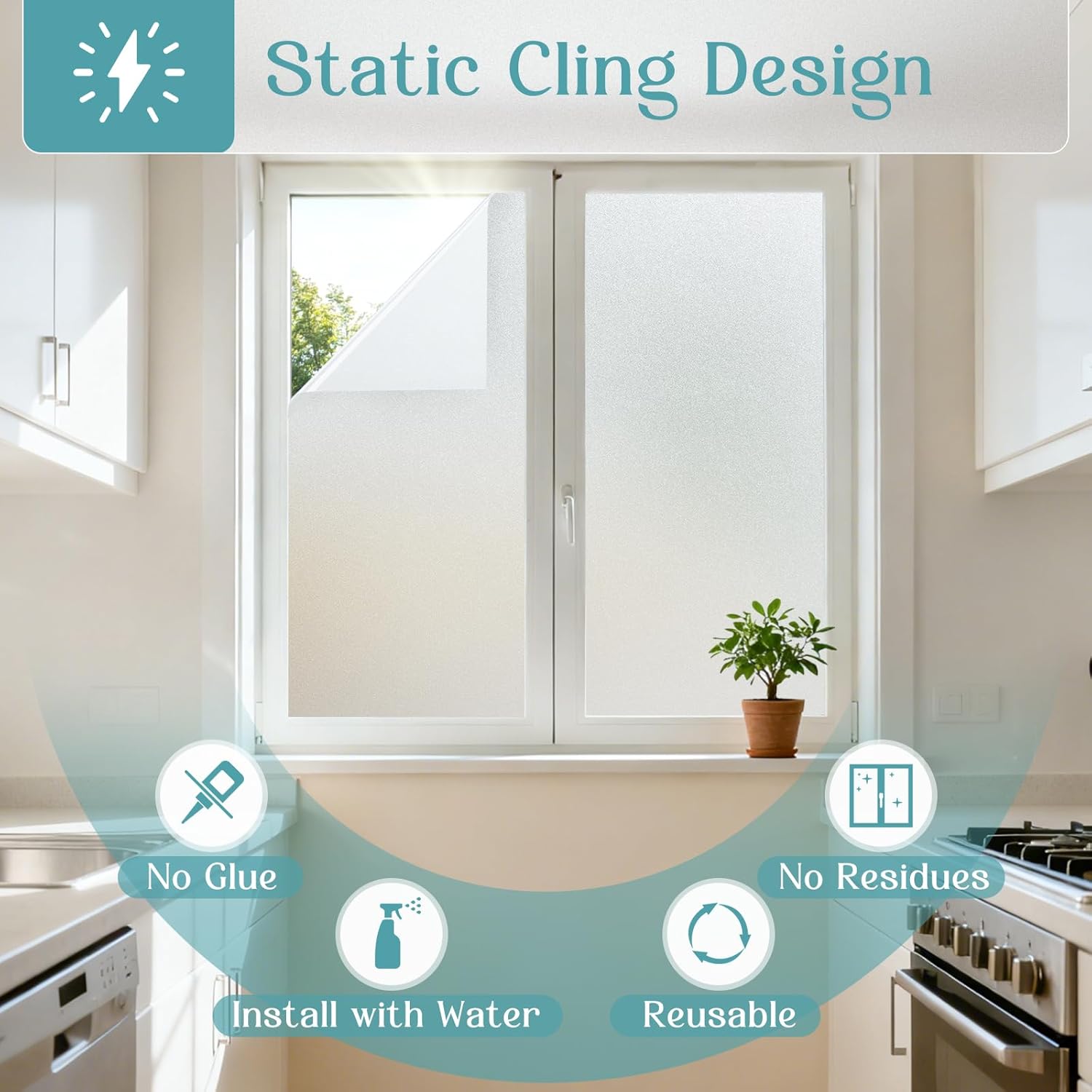 Haton Frosted Window Privacy Film with Tools, Static Cling for Glass, Pure