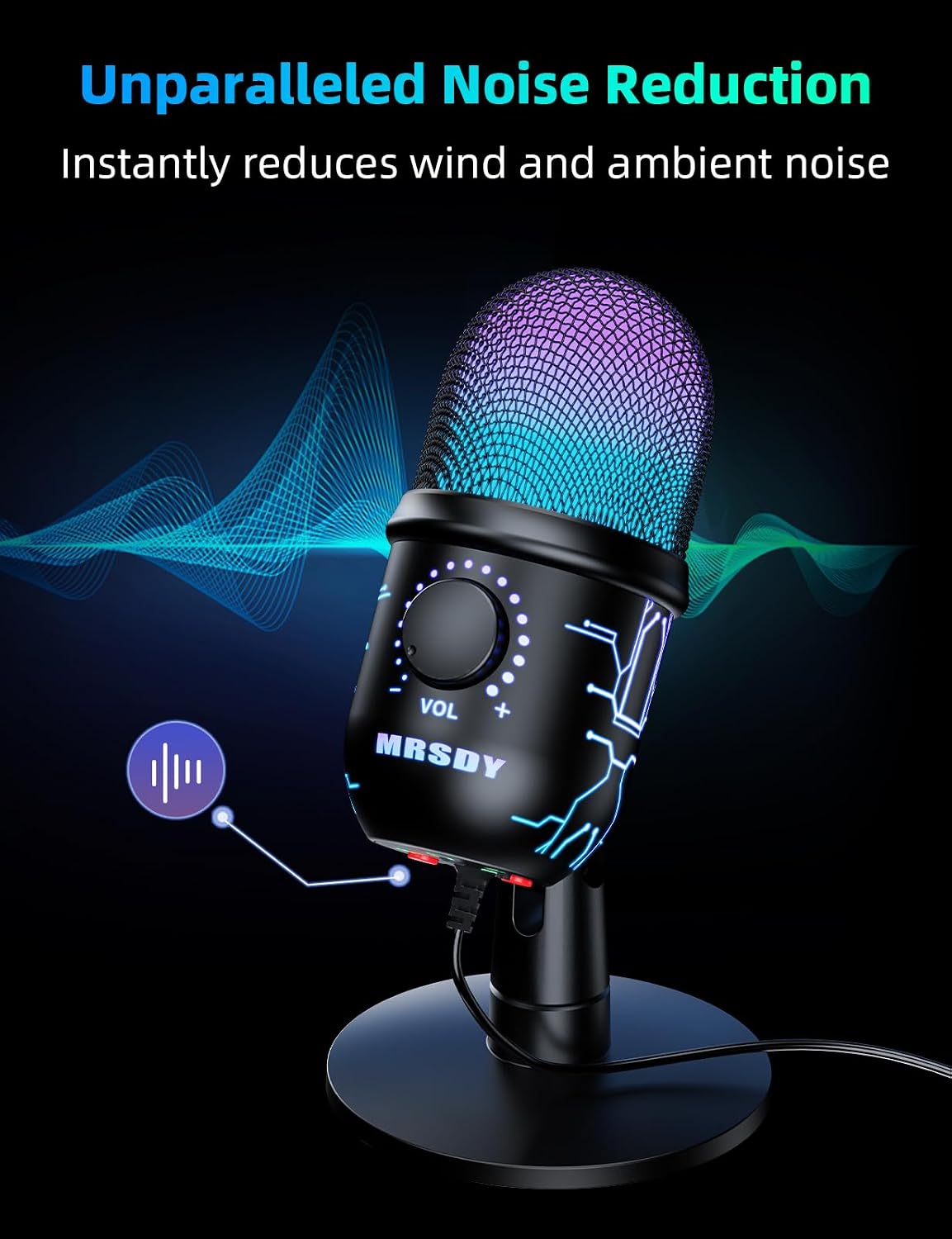 MRSDY USB Gaming Microphone for PC with Noise Reduction, Mute, Gain, RGB