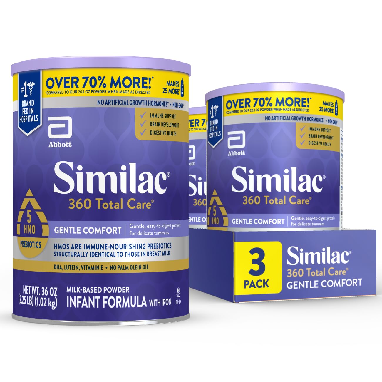 Similac 360 Total Care Gentle Comfort Baby Formula, Easy-to-Digest Formula, Has 5 HMO Prebiotics, Powder Infant Formula, 36-oz Can, Pack of 3