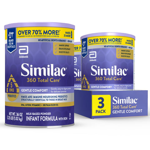 Similac 360 Total Care Gentle Comfort Baby Formula, Easy-to-Digest Formula, Has 5 HMO Prebiotics, Powder Infant Formula, 36-oz Can, Pack of 3