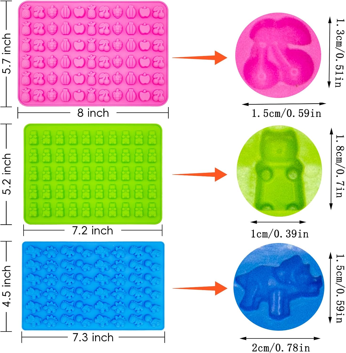 3Pcs Gummy Candy Molds - Silicone Mini Gummy Bear/Dinosaur/Fruit Snack Molds with 2Pcs Dropper,Non-stick and Bpa Free for Candy Chocolate Gummies Baking