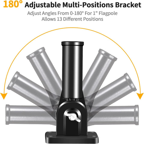 Flag Pole Holder Brackets, BONWIN 1" Flag Pole Mounting Bracket with Hardwares for House Wall Porch, 1" Inner Diameter, 180° Adjustable Multi Positions, Aluminium Alloy(2 Pack Black, Multi-Positions)
