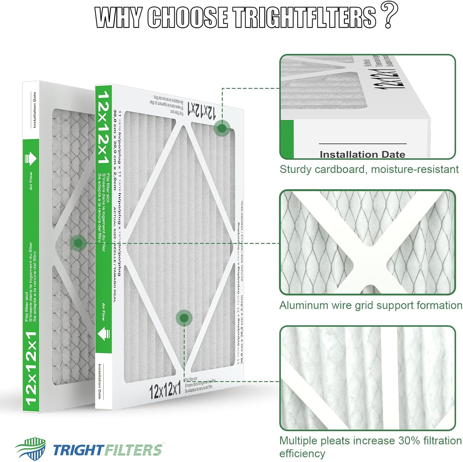TRIGHTFILTERS 12x12x1 Air Filter 4 Pack, MERV 8 Pleated HVAC Furnace Filter