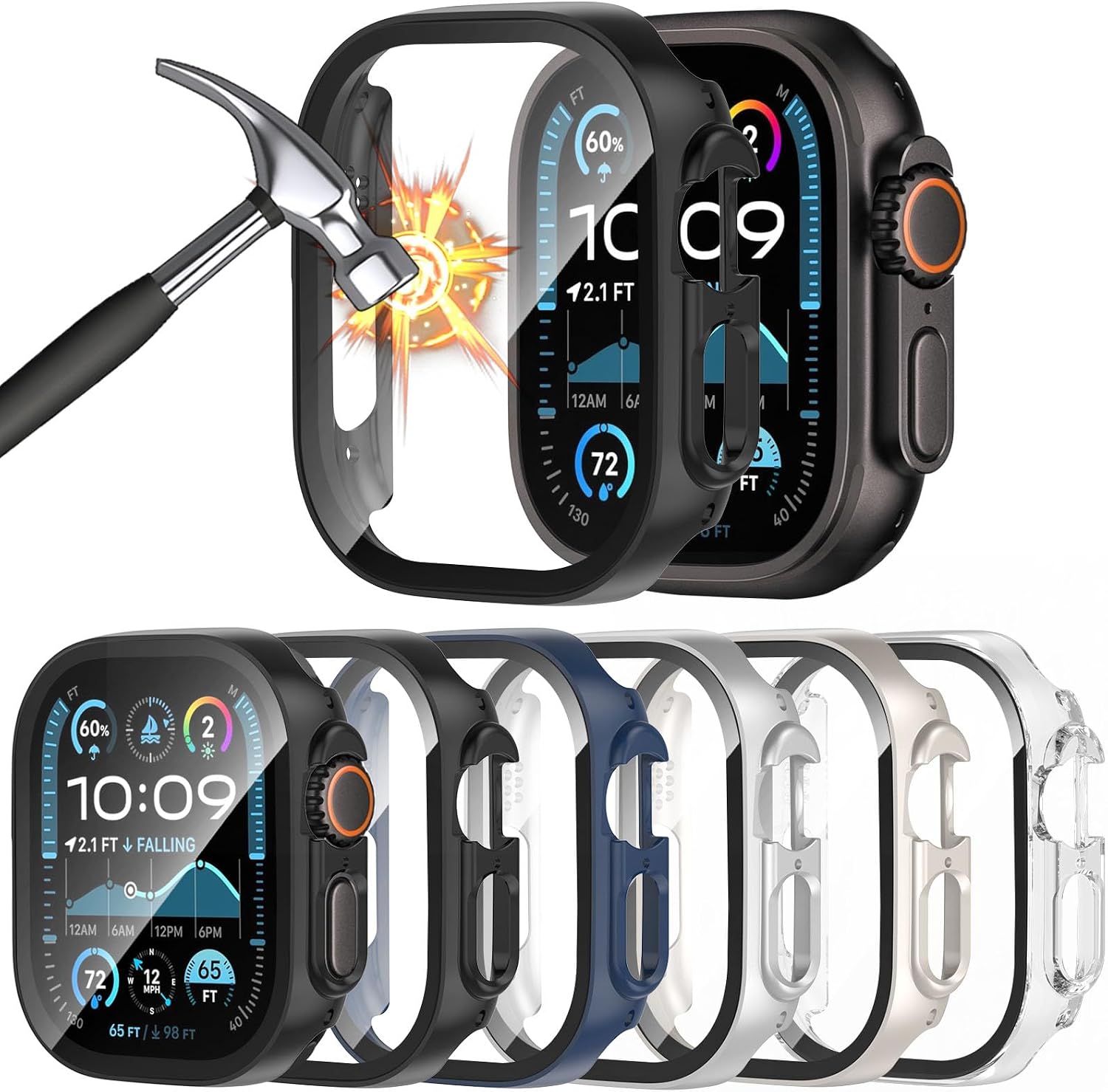 [6 Pack] Case for Apple Watch Ultra 3/Ultra 2/Ultra 49mm Screen Protector with Ultra-Thin Tempered Glass, Full Coverage Anti-Scratch Hard Face Cover for iWatch 49 mm