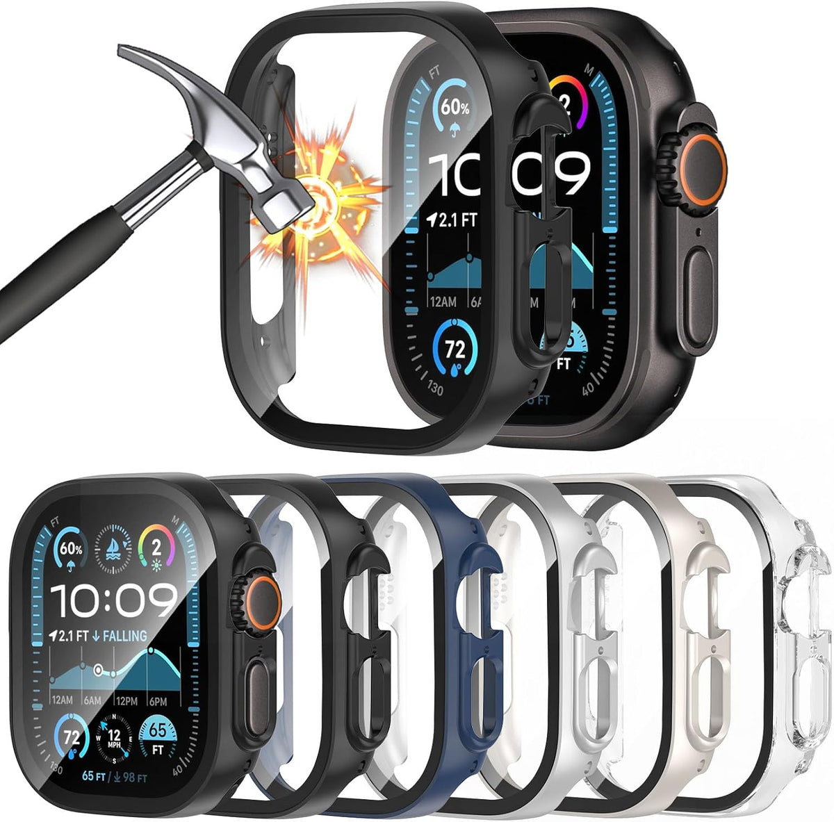 [6 Pack] Case for Apple Watch Ultra 3/Ultra 2/Ultra 49mm Screen Protector with Ultra-Thin Tempered Glass, Full Coverage Anti-Scratch Hard Face Cover for iWatch 49 mm