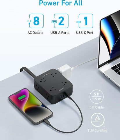 Anker Power Strip with 2000J Surge Protector, 5ft Outlet Extender, 20W, 8AC
