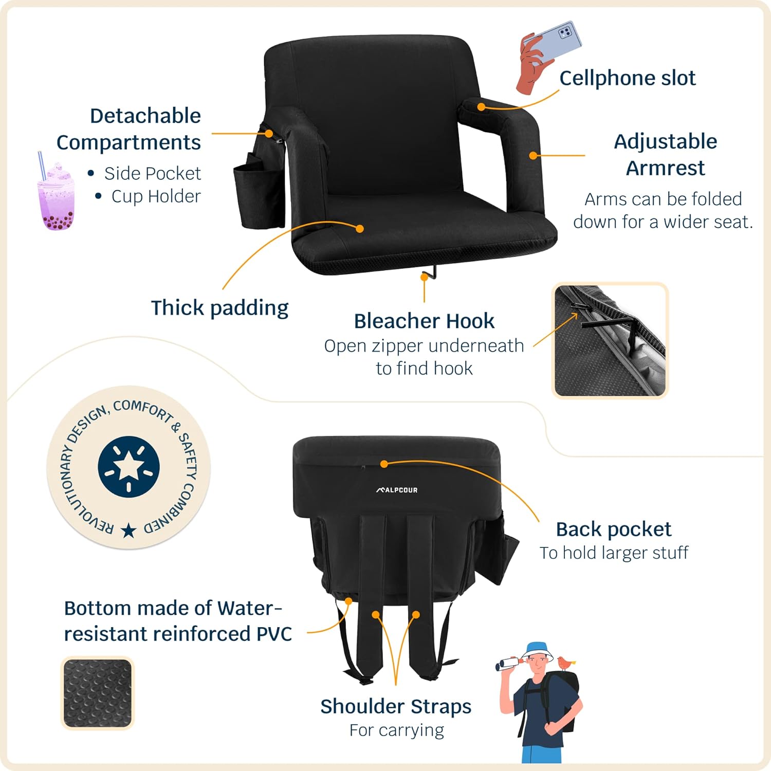 Alpcour Stadium Seats with Back Support for Bleachers – Wide Bleacher Chairs with Thick Padded Cushion, Armrests, Side Pockets, & Shoulder Straps – Best Portable Seat Chair for Sports Events