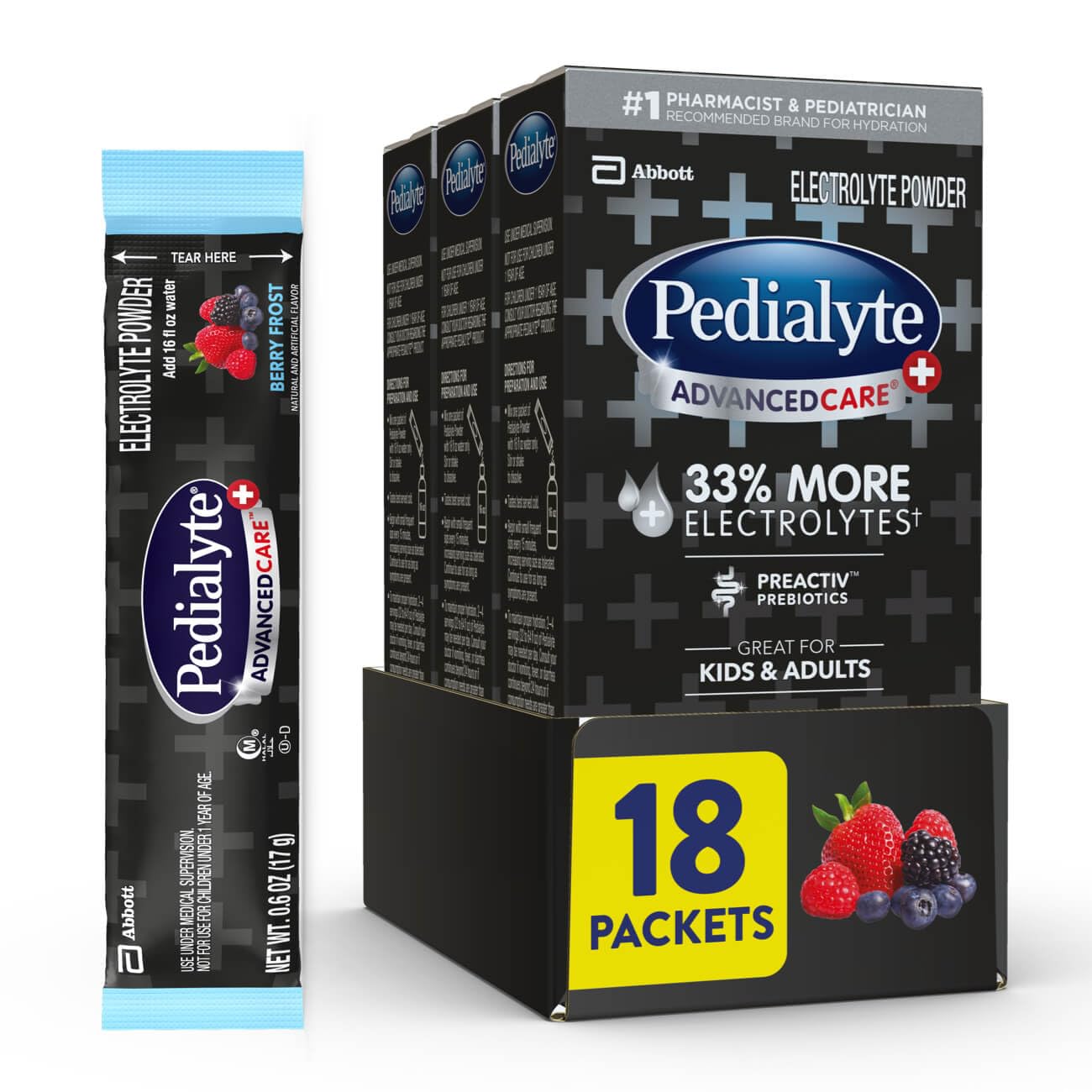 Pedialyte AdvancedCare Plus Electrolyte Powder Packets, Berry Frost