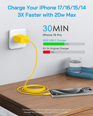 20W Fast Charger for iPhone 17/16/15 with 10FT Cable [3-Pack] - Yellow