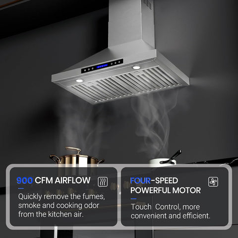 AROAN Wall Mount Range Hood with Ducted/Ductless Convertible Duct, 30 Inch 900CFM Stainless Steel Vent Hood, 4 Speed Touch Panel with 2pcs Adjustable LED Lights (ANTP02-30)