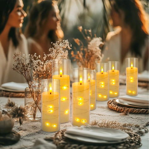 24 Pcs LED Flameless Candles with Remote, 3D Flickering Flame & LED String Lights, Acrylic Clear Cylinder, Timer Function, Romantic Ambience for Home Decor, Party, Wedding (Ivory).