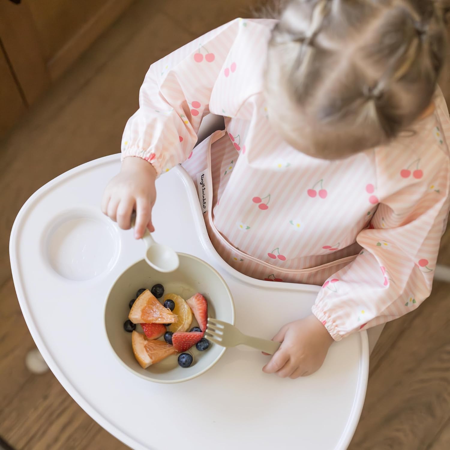 Tiny Twinkle Long Sleeve Bib for Babies&Toddlers|2-Pack Waterproof Smock Bib for Eating|Machine Washable&Mess-Proof Feeding Essentials|Newborn Shower Gift(Cherry Coquette,Strawberries,6-24M)