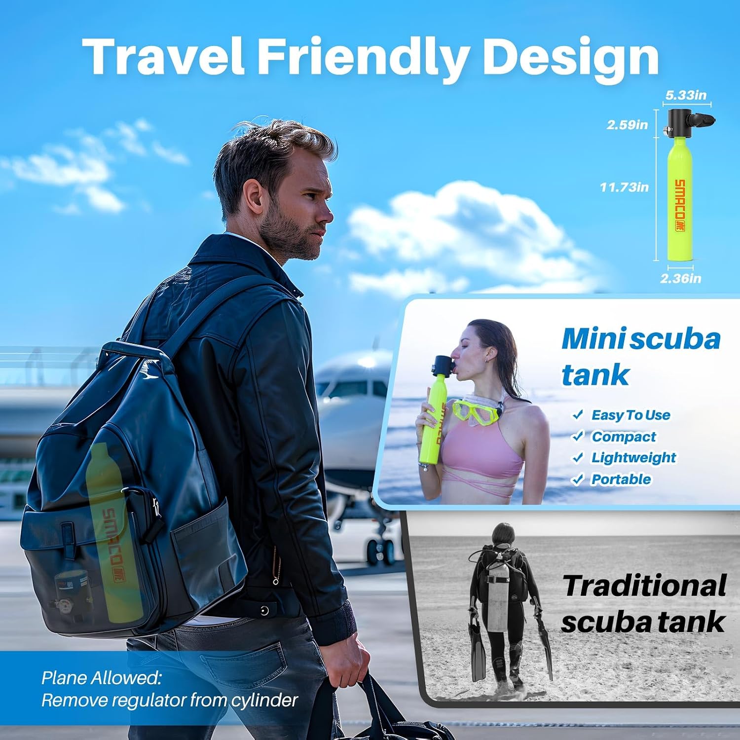 SMACO S300 Mini Scuba Tank, 0.5L Handheld Lung Air Tank