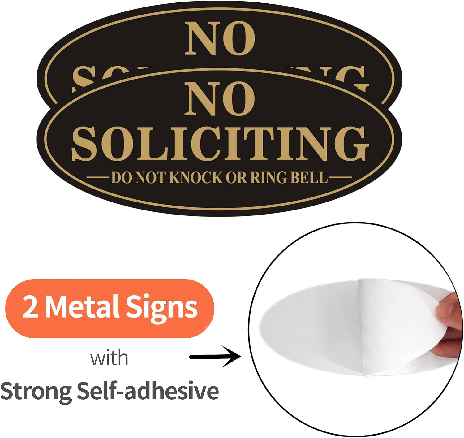 (2 Pack) No Soliciting Sign for House, Self Adhesive No Soliciting Sign for Front Door, No Solicitation Metal Sticker Signs for Home and Yard (Black/Golden, 7 x 3 inches, Do Not Knock or Ring Bell)