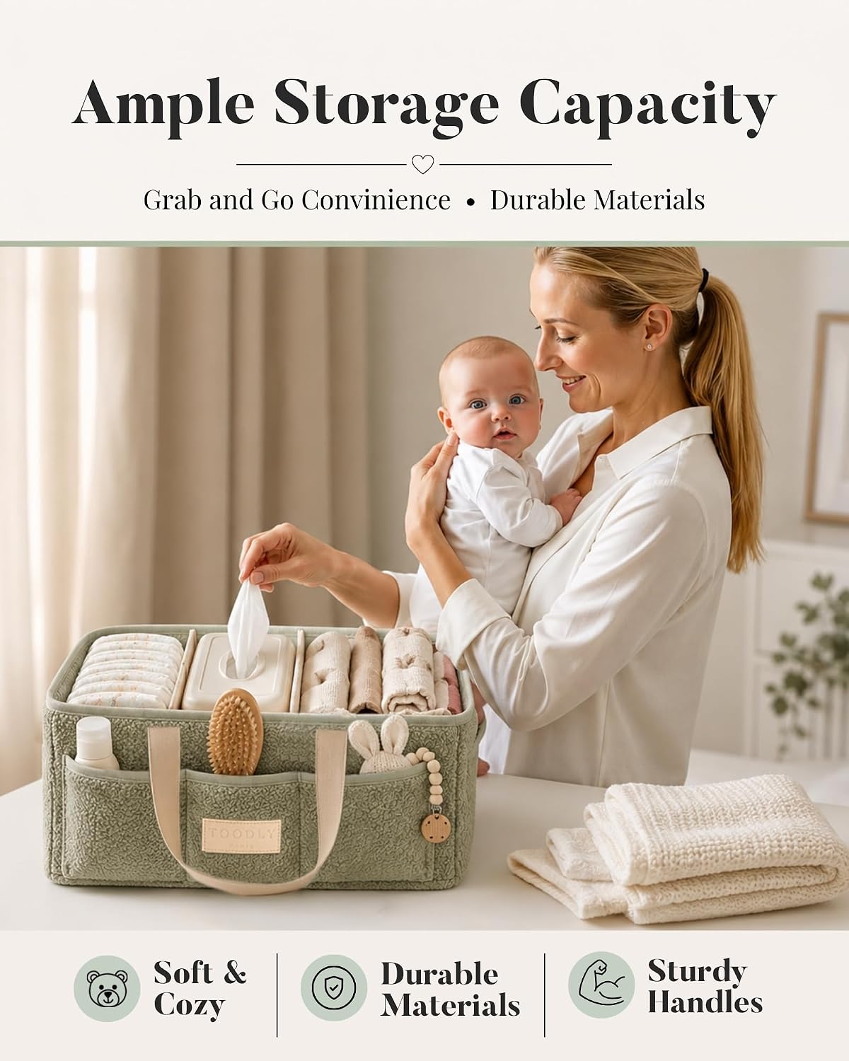 Baby Diaper Caddy Organizer with Portable Changing Mat - Teddy Fleece Diaper Organizer for Changing Table - Basket for Changing Essentials - Baby Essentials Organizer with Removable Dividers