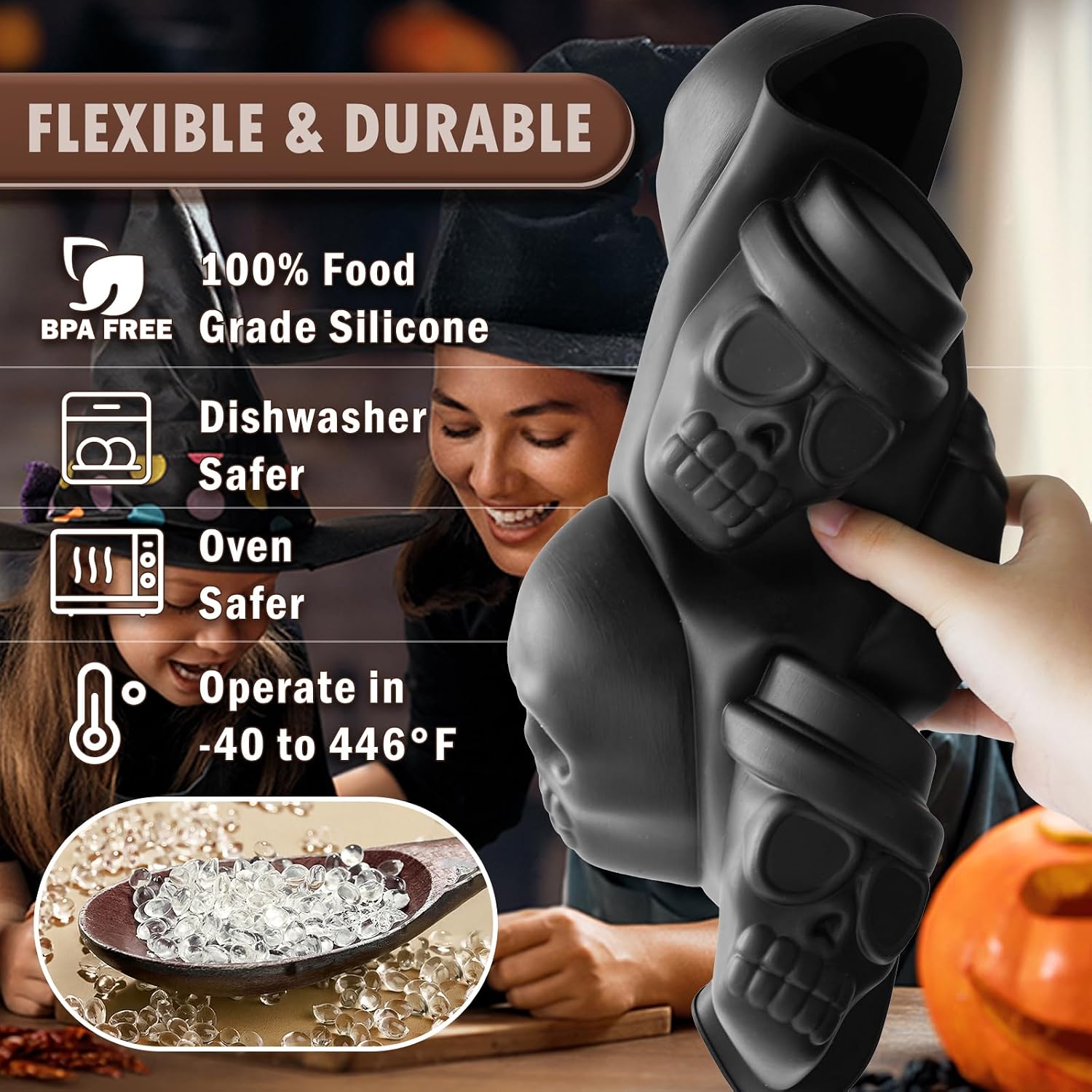 HKNMTT Halloween Silicone Molds for Baking Extra large, 6 Cavities 3D Skull Cake Pizza Soap Pan Molds, Nonstick Halloween Skeleton Mold for Ice Cupcake