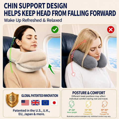 BUYUE Travel Neck Pillows for Airplanes, Memory Foam 360° Head Support Sleep for Long Flight, Skin-Friendly & Breathable, Kit with Eye Mask, Earplugs and Storage Bag (Adult, Beige, 90+ lbs)