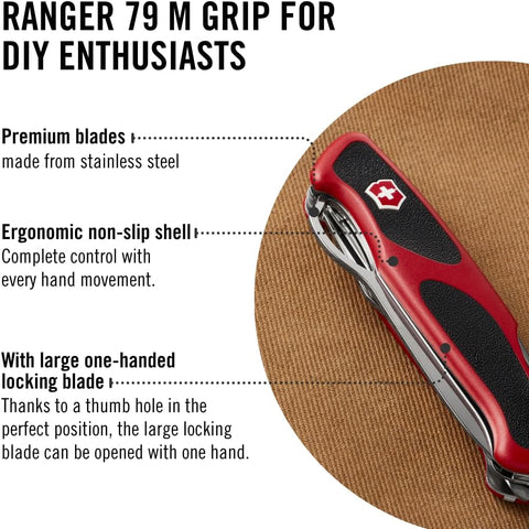 Victorinox Ranger 79 M Grip Swiss Army Knife, 12 Functions, Red/Black