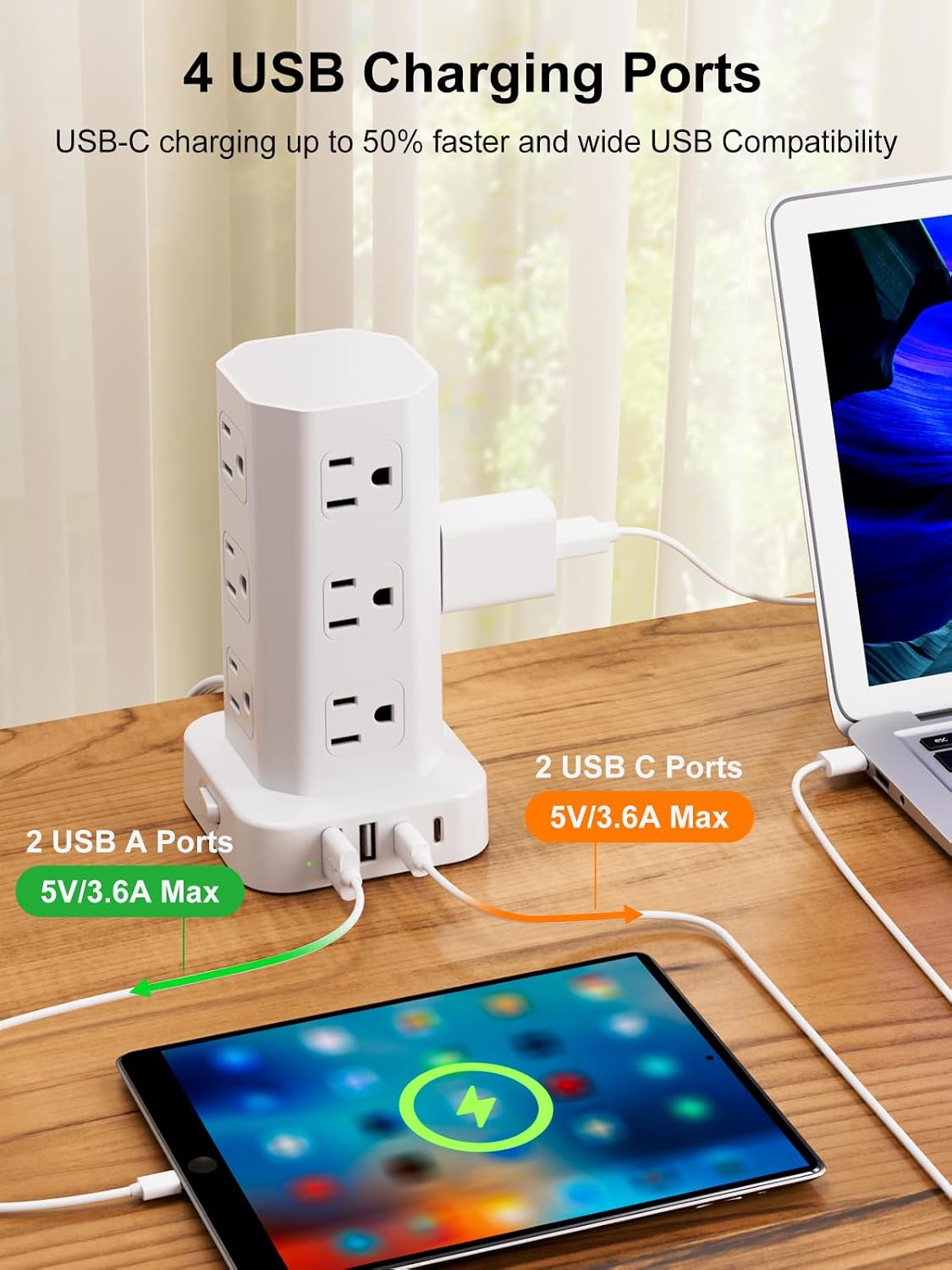 Power Strip Tower Surge Protector, 10FT Flat Plug Extension Cord with Multiple Outlets, 12 AC Outlets 4 USB (2 USB C), Desktop Charging Station with Surge Protection for Home Office Dorm Room, White
