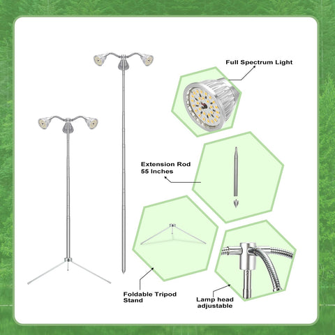 TAURUSY Grow Lights for Indoor Plants Full Spectrum with Detachable Tripod Stand, 10-55 Inches Height Adjustable Aluminum Alloy Indoor Plant Grow Lamp with Auto On/Off Timer Function