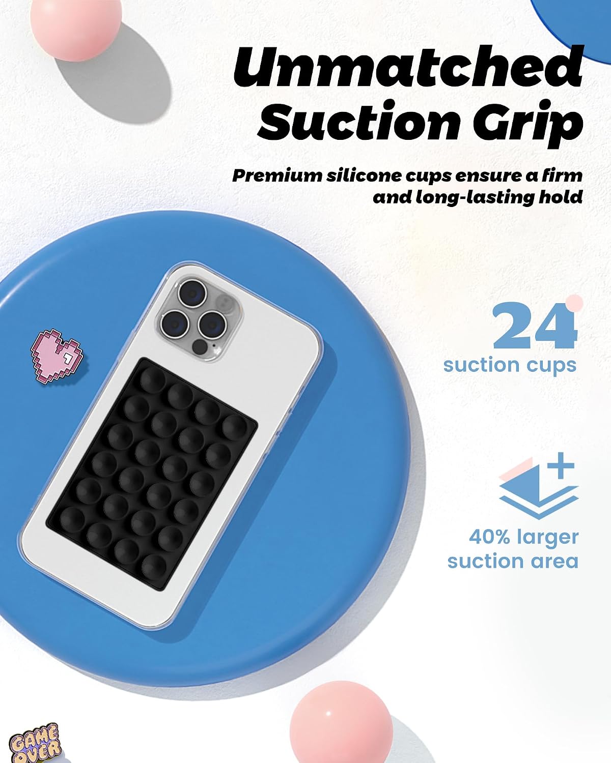 amBand Magnetic Sticky Phone Suction Grip for MagSafe, Removable for Wireless Charging, Durable Magnet Silicone Portable Mount Stand for iPhone 12 13 14 15 16 17 Series, Hands-Free Video/Selfie, Black