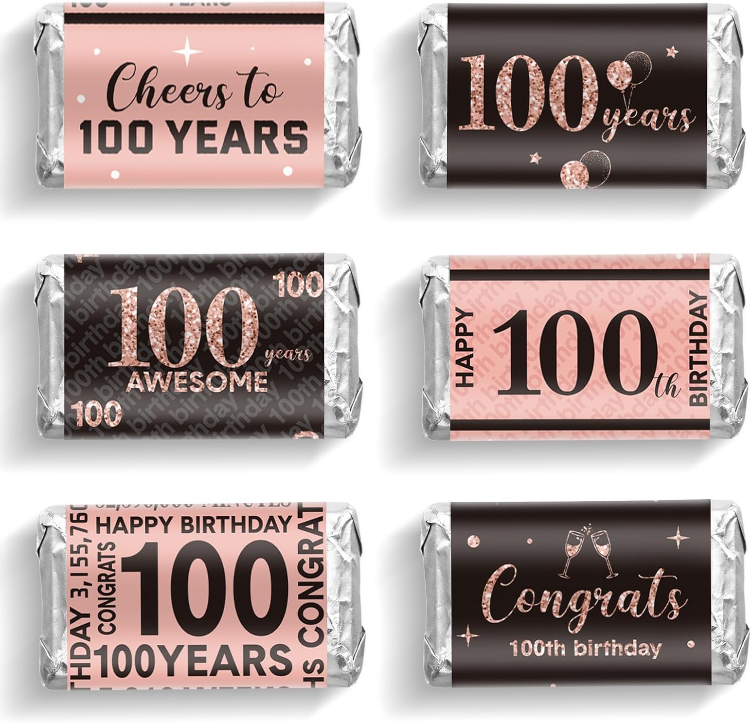 Tenare 90 Pcs 100th Birthday Candy Wrappers, Pink Stickers