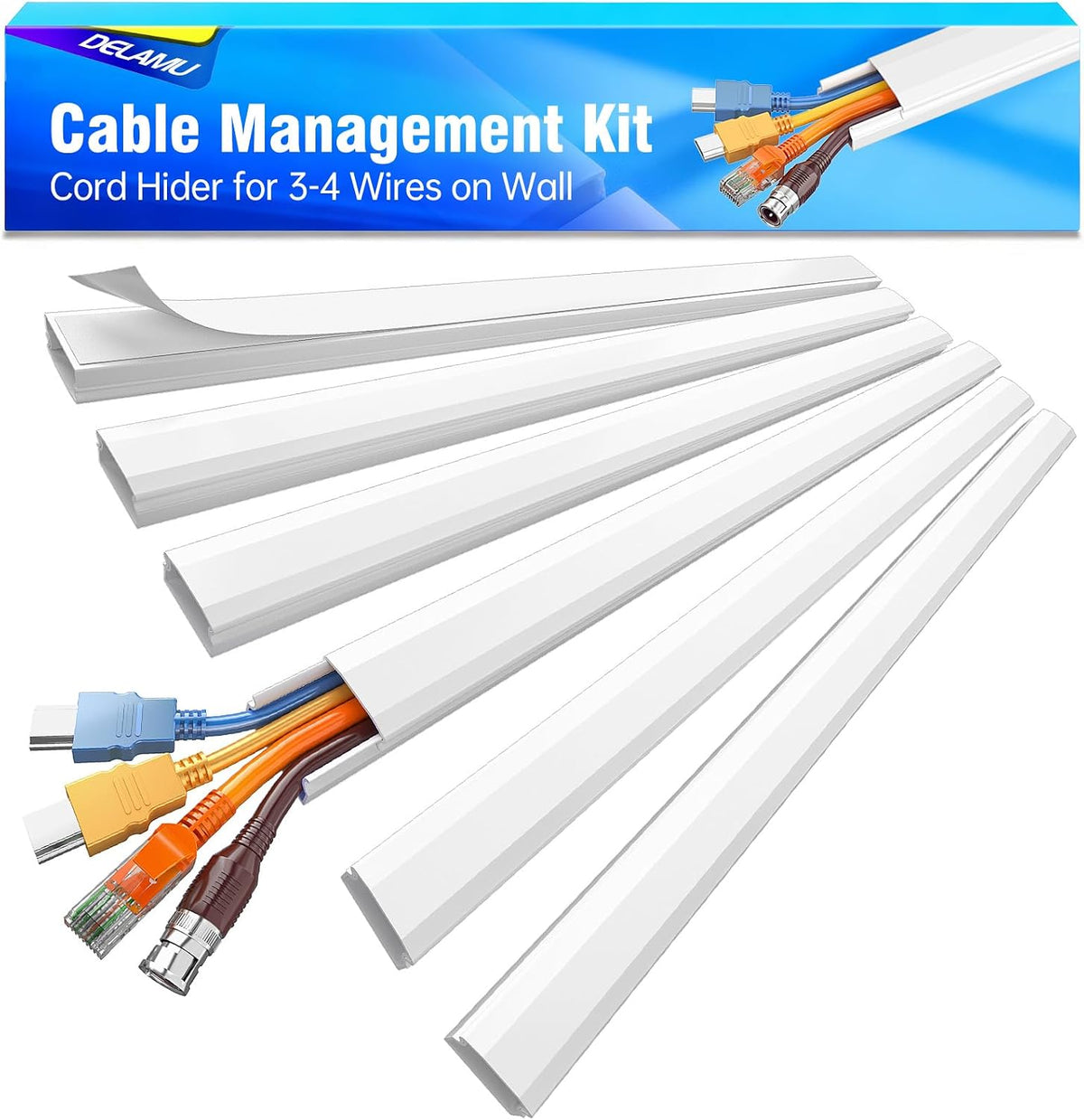 Delamu TV Cord Hider, Cord Covers for 3-4 Wires on Wall, Large Cable Hider Cable Management, Easy Set up Wire Hiders Wire Covers for Cords on Wall, TV Cables Cover Raceway, 6X W1.18 H0.67in, White