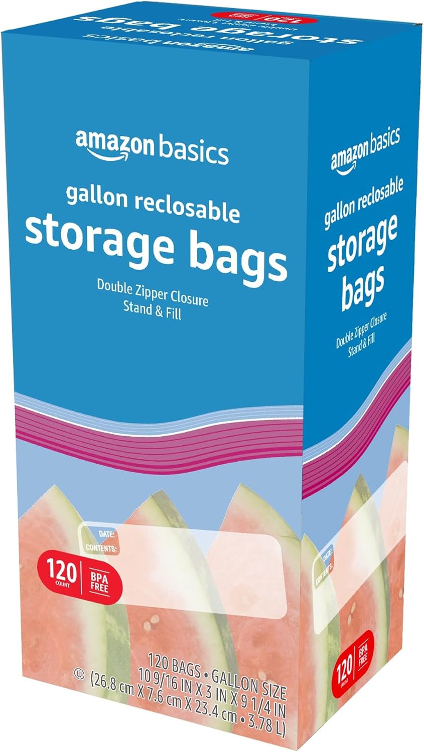 Amazon Basics Reclosable Gallon Food Storage Bags with Double Zipper Seal, Stand and Fill Base, BPA Free, 120 Count