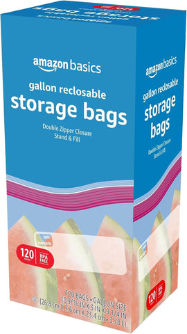 Amazon Basics Reclosable Gallon Food Storage Bags with Double Zipper Seal, Stand and Fill Base, BPA Free, 120 Count