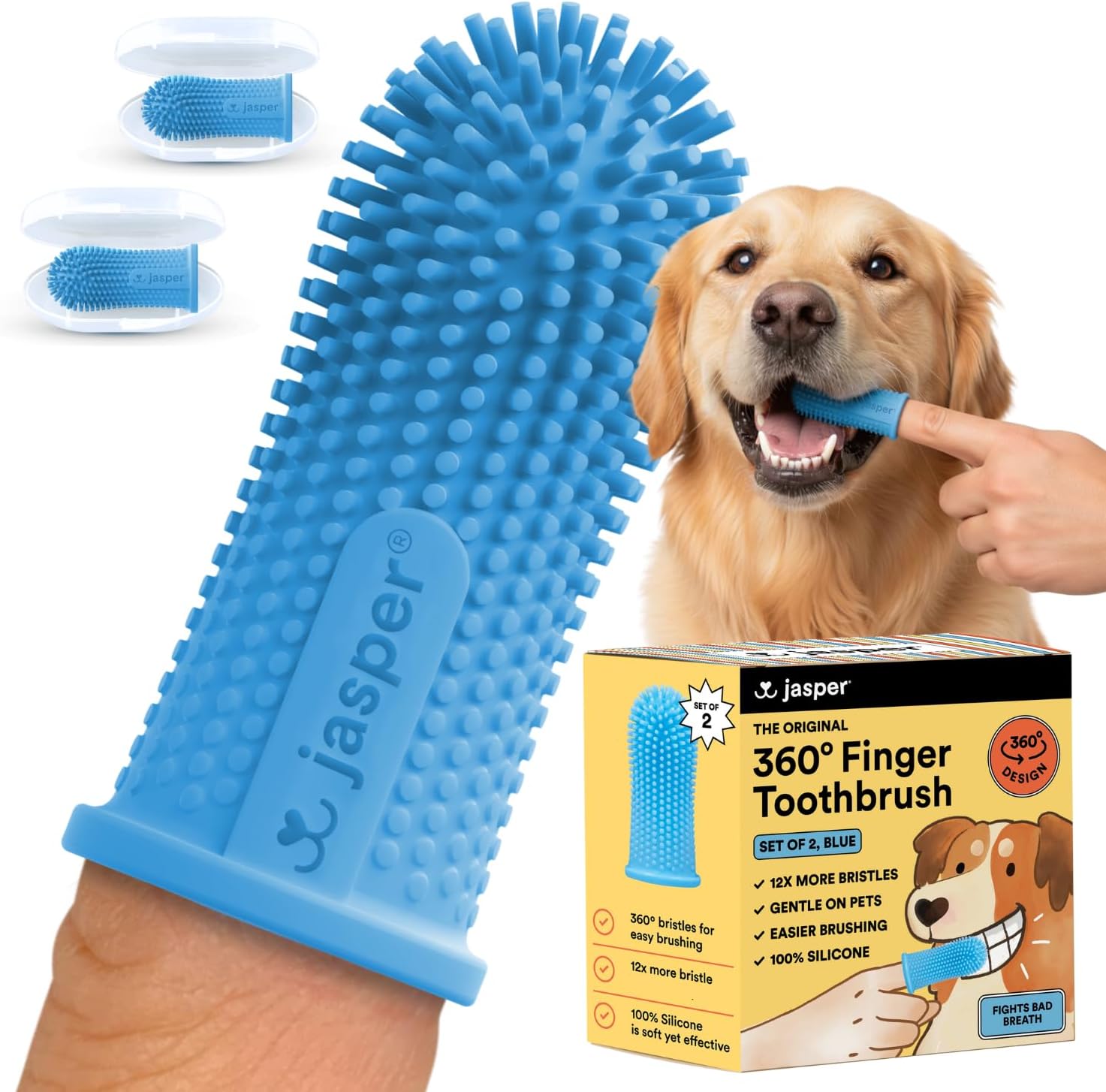 Jasper Dog Toothbrush, 360° Finger Toothbrush for Dogs & Cats, Blue 2-Pack