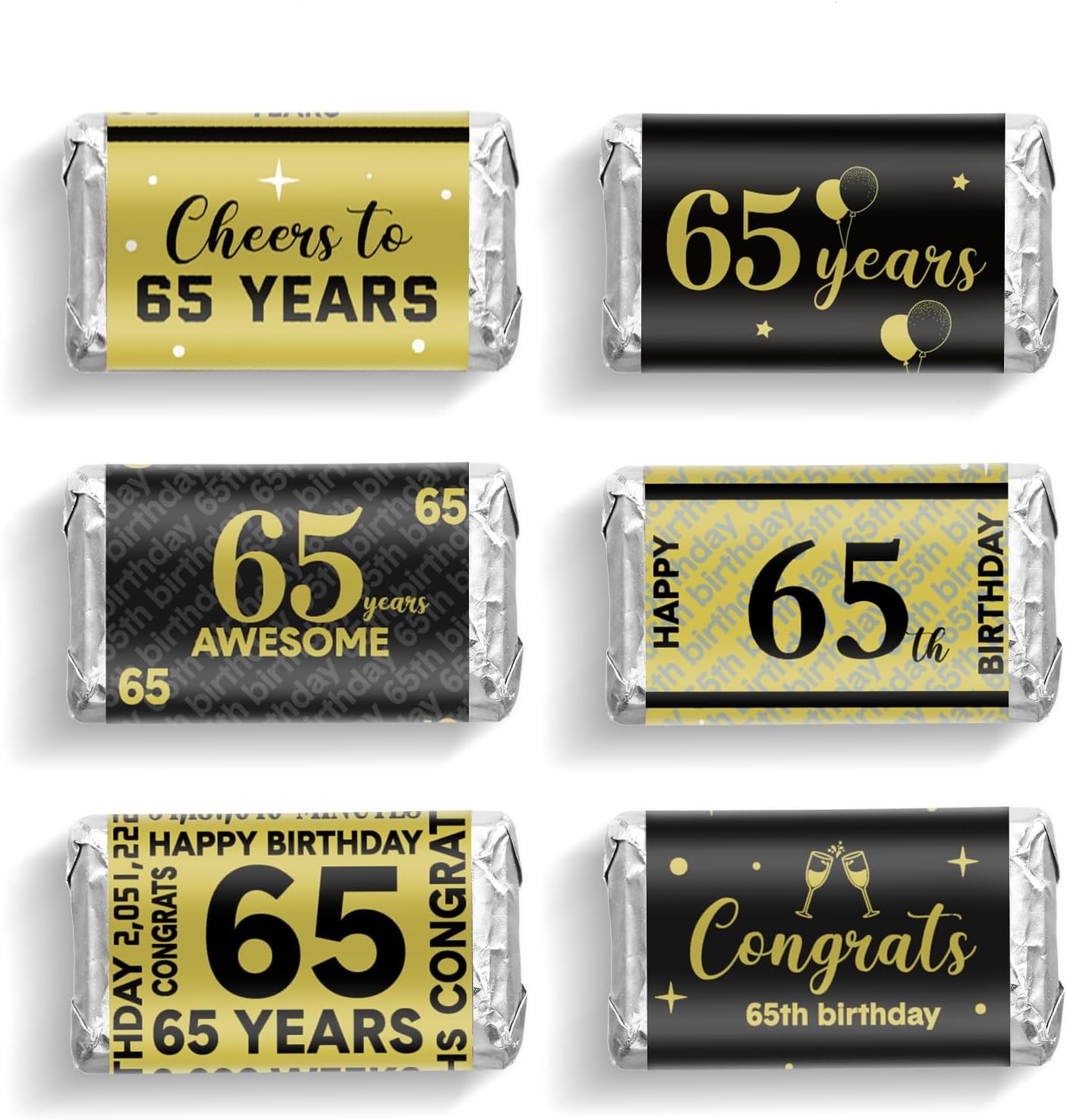 Tenare 90 Pcs 65th Birthday Candy Wrappers, Black and Gold Stickers