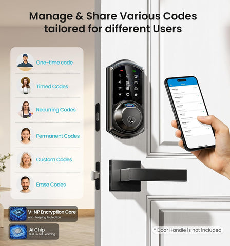 Veise VE07 Fingerprint Smart Deadbolt Lock, App Control, Fobs, Matte Black