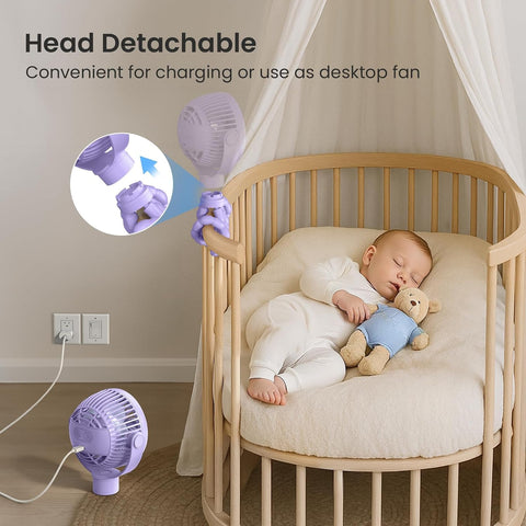 Coohea Portable Stroller Fan, 25H Long-lasting, 4 Speed, Night Light,Purple