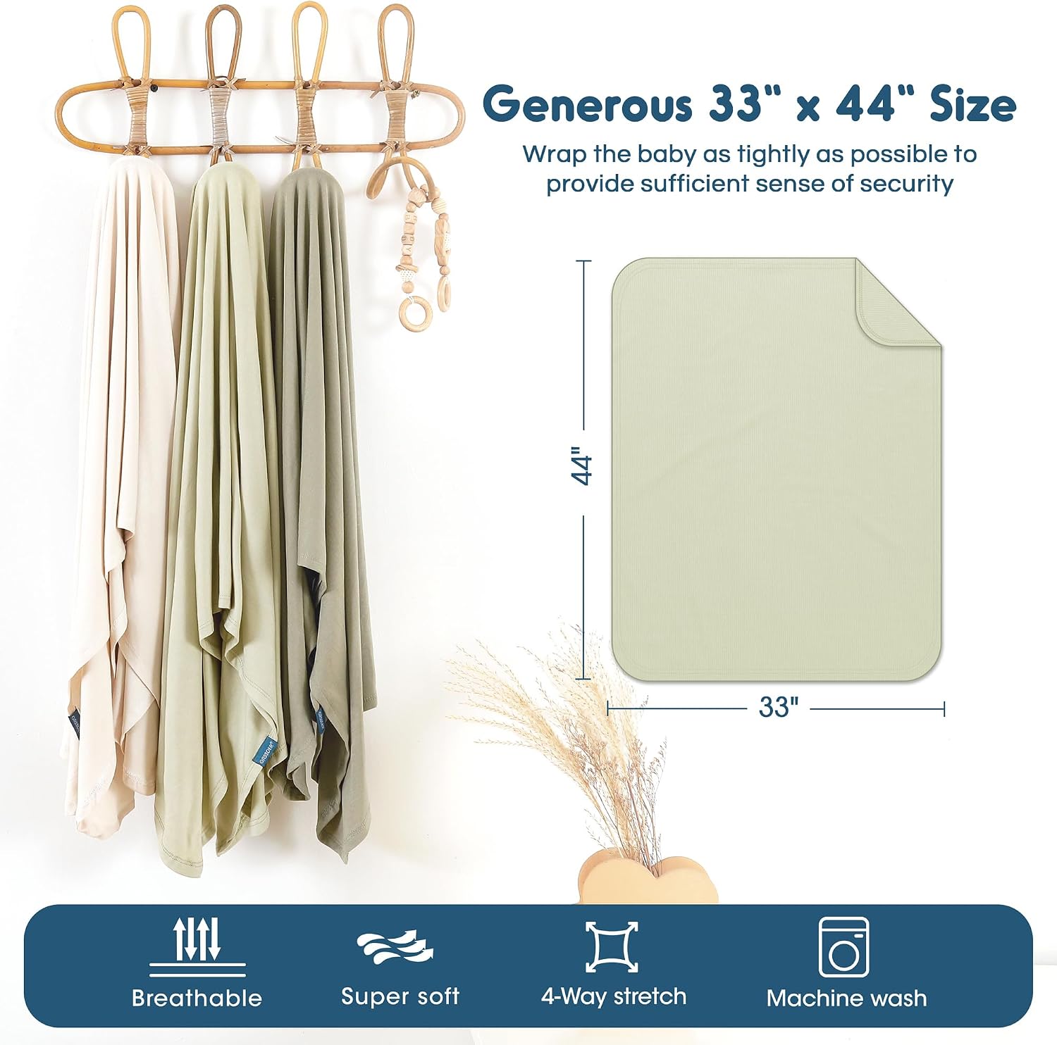 GRSSDER 3 Pack Newborn Swaddle Blanket, Ultra Soft Stretchy Jersey Knit Extra Large Size 33 x 44 Receiving Blankets for Easy Swaddling Baby Snug and Cozy
