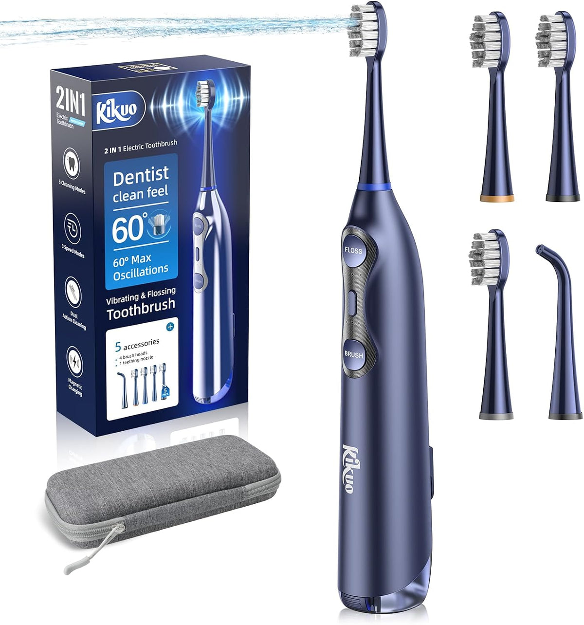 Kikuo 3-in-1 Electric Toothbrush with Water Flosser Combo