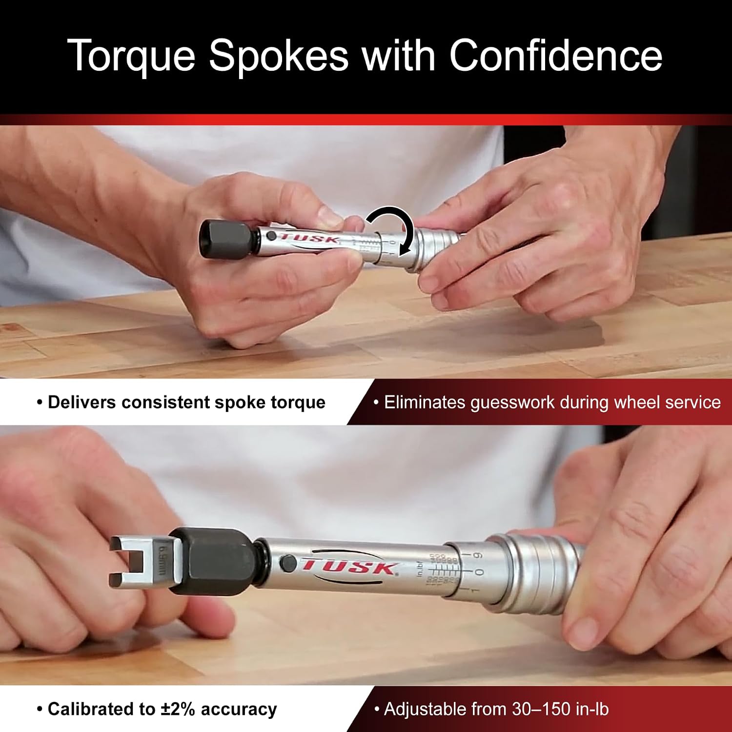 TUSK Spoke Torque Wrench Kit Adjustable 30-150 in-lb with 5 Heads