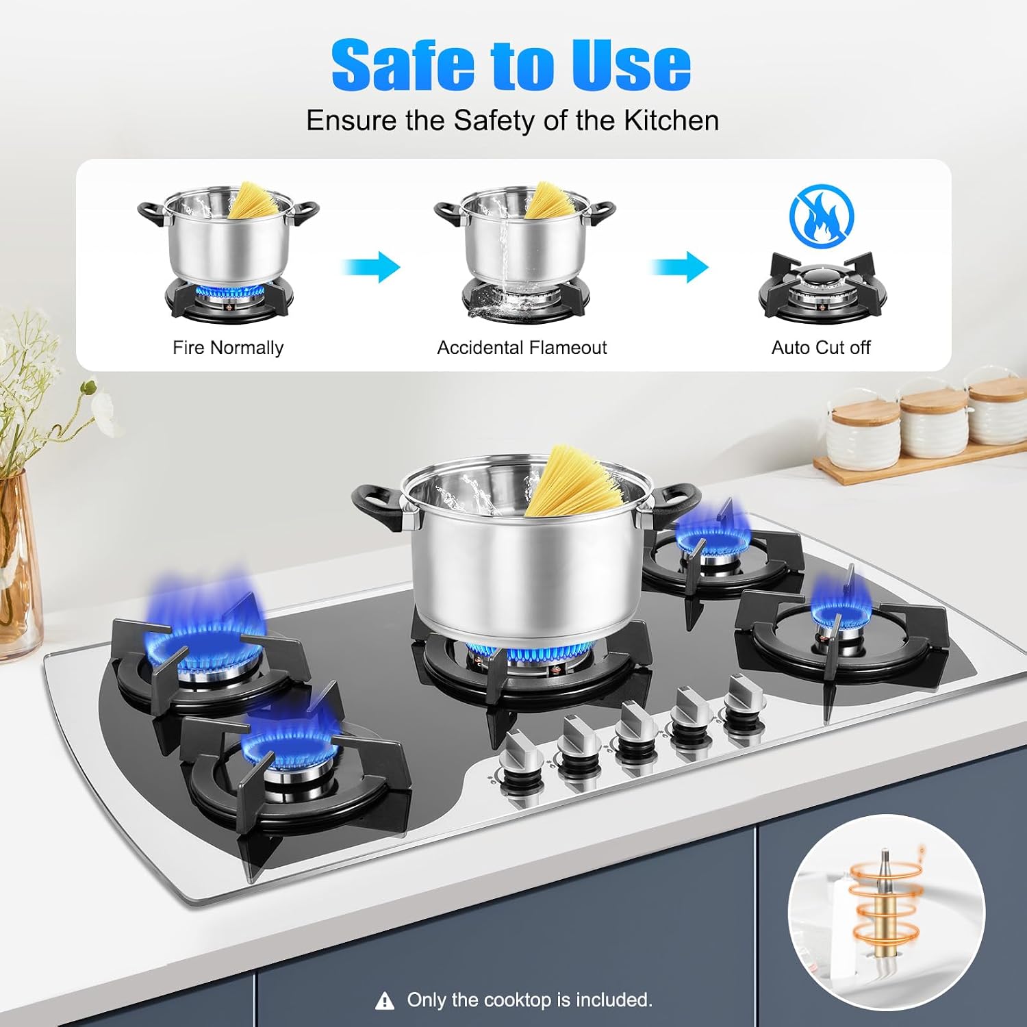 Gas Cooktop 36'' Gas Stove Top with 5 Burners Suitable for Dual Fuel LPG/NG, Tempered Glass Stovetop Cooker for for Kitchen, Home, Apartments, RVs