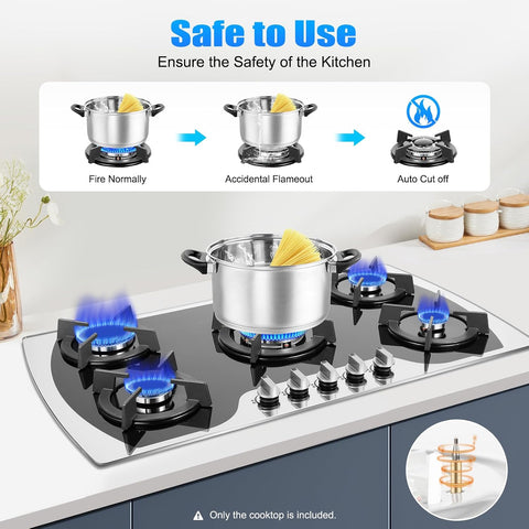 Gas Cooktop 36'' Gas Stove Top with 5 Burners Suitable for Dual Fuel LPG/NG, Tempered Glass Stovetop Cooker for for Kitchen, Home, Apartments, RVs