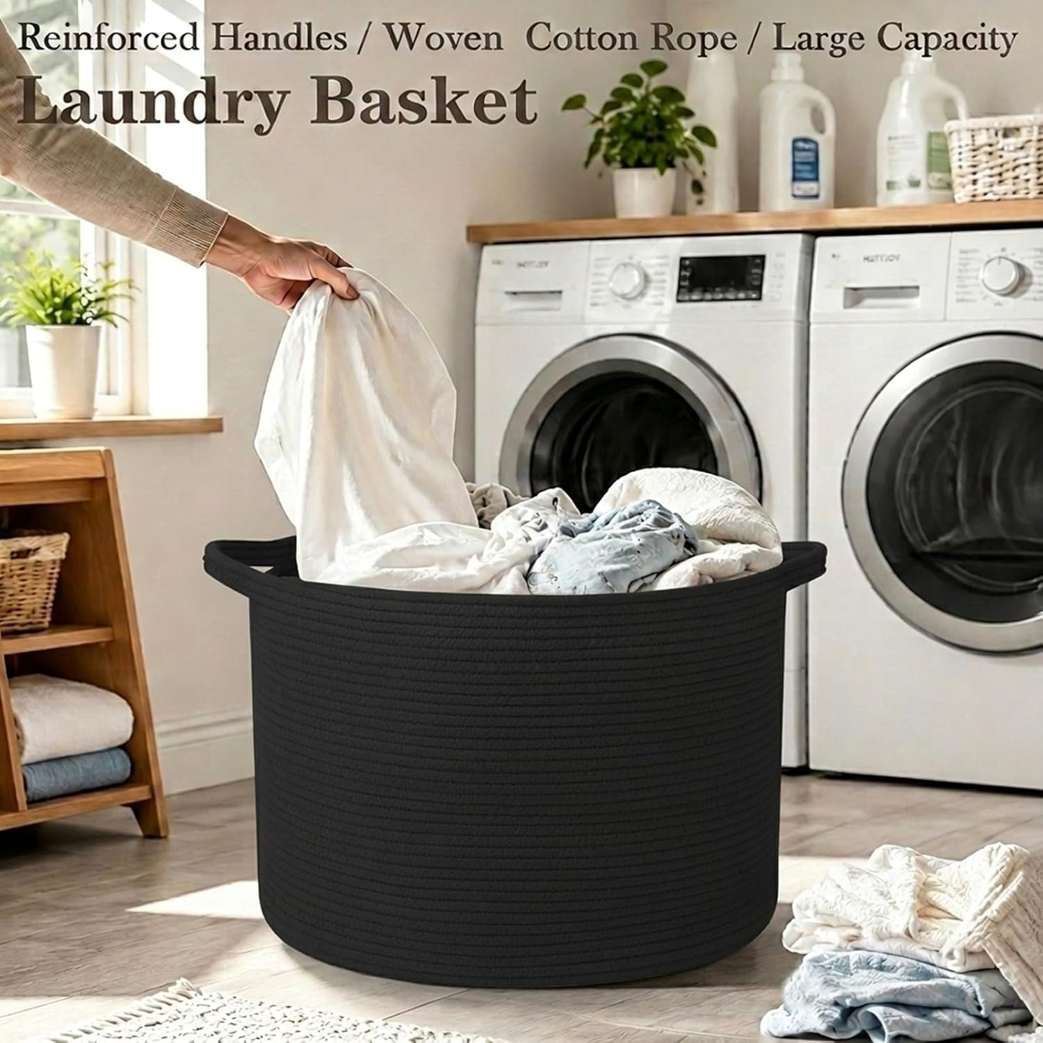 90L Extra Large Blanket Basket,Woven Rope Laundry Basket-Black