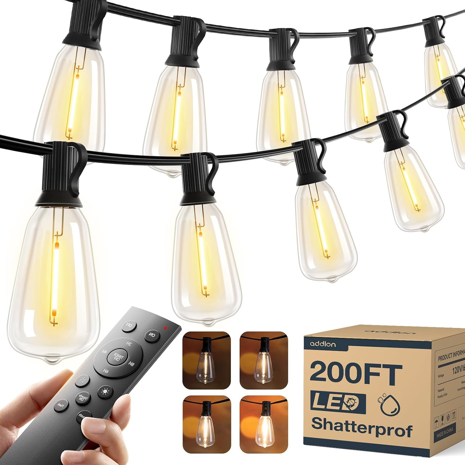 addlon 200FT(50FT*4) Outdoor String Lights ST38 LED with Remote Waterproof