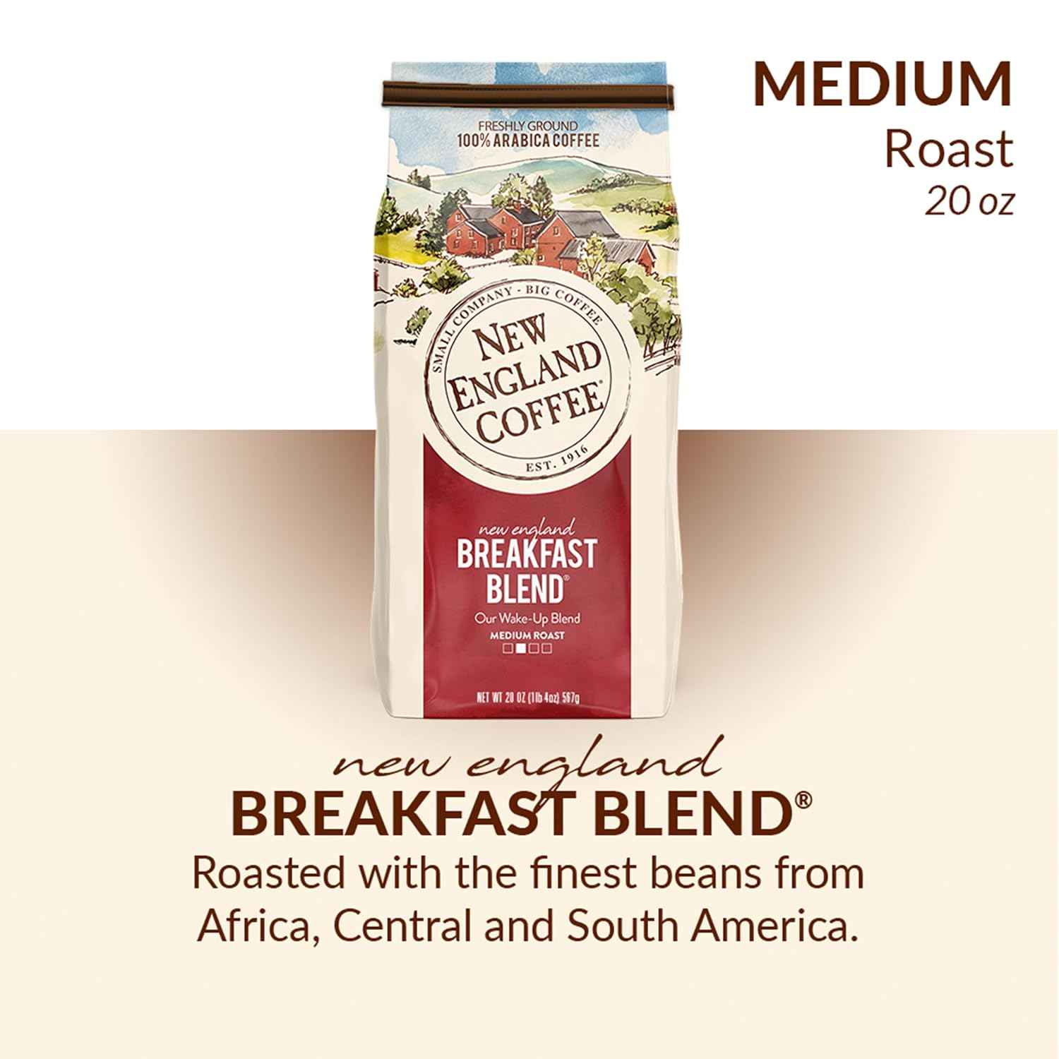 New England Coffee Breakfast Blend Medium Roast Ground Coffee, 20oz Bag (Pack of 4)