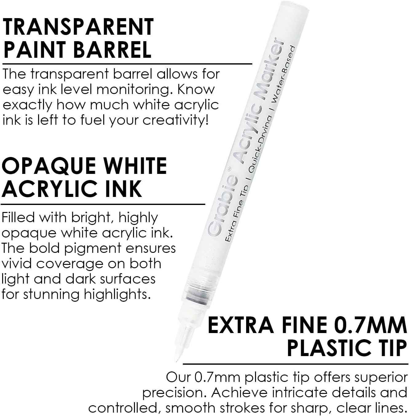 Grabie 6 White Acrylic Paint Markers, 0.7 mm Extra Fine Tip