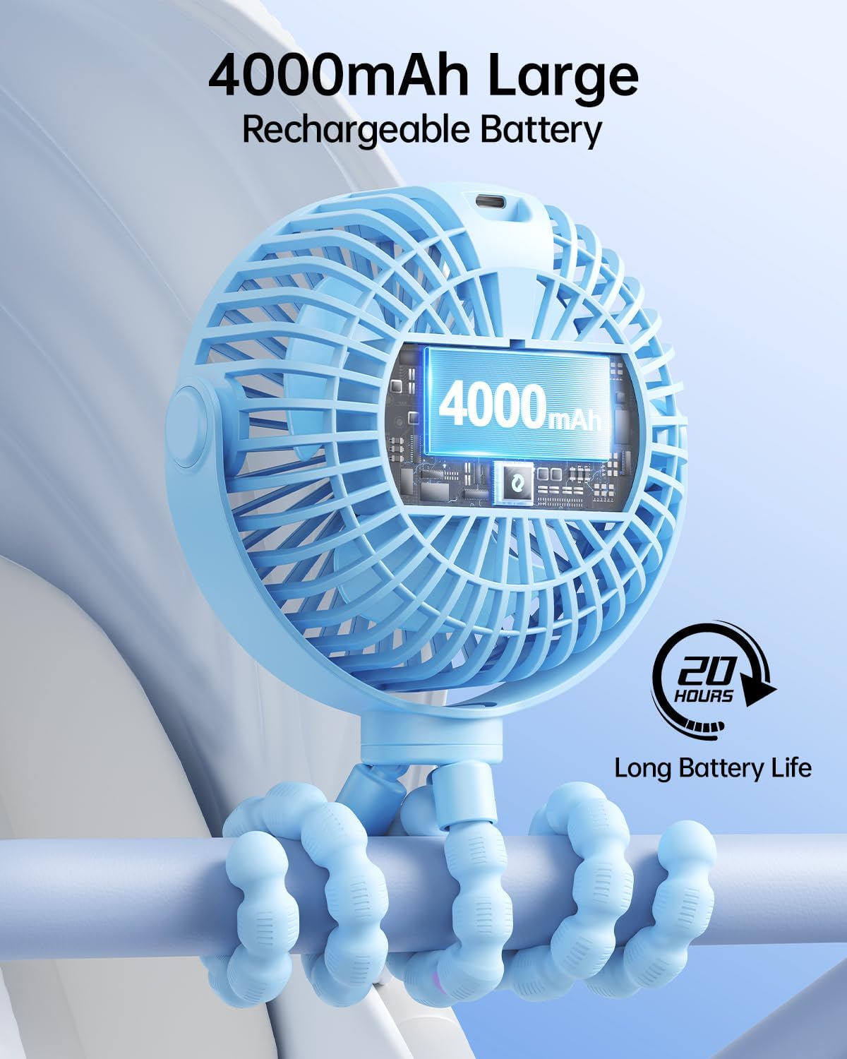 SWEETFULL Portable Stroller Fan with LED Display, 4 Speed Rechargeable Mini Clip On Fan,Built-in Non-Removable Rechargeable Battery，Sealed housing