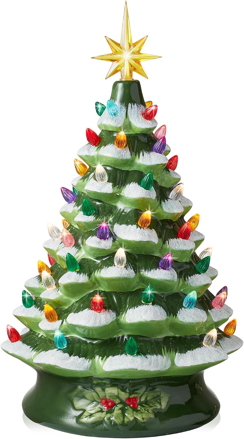 Casafield Hand Painted Ceramic Christmas Tree, Green Snow Flocked 15-Inch Pre-Lit Tree with 128 Multi-Color Lights and 2 Star Toppers