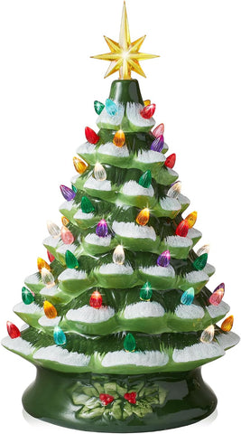 Casafield Hand Painted Ceramic Christmas Tree, Green Snow Flocked 15-Inch Pre-Lit Tree with 128 Multi-Color Lights and 2 Star Toppers