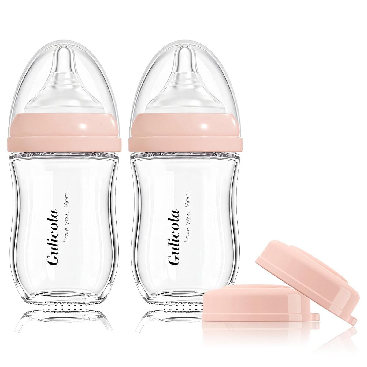 Gulicola Natural Glass Baby Bottle for Breastfeeding Babies, Newborn Anti-Colic Bottle Set with Slow Flow Nipple, 0-3 Months, 5 oz, 2 Pack - Pink