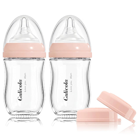 Gulicola Natural Glass Baby Bottle for Breastfeeding Babies, Newborn Anti-Colic Bottle Set with Slow Flow Nipple, 0-3 Months, 5 oz, 2 Pack - Pink
