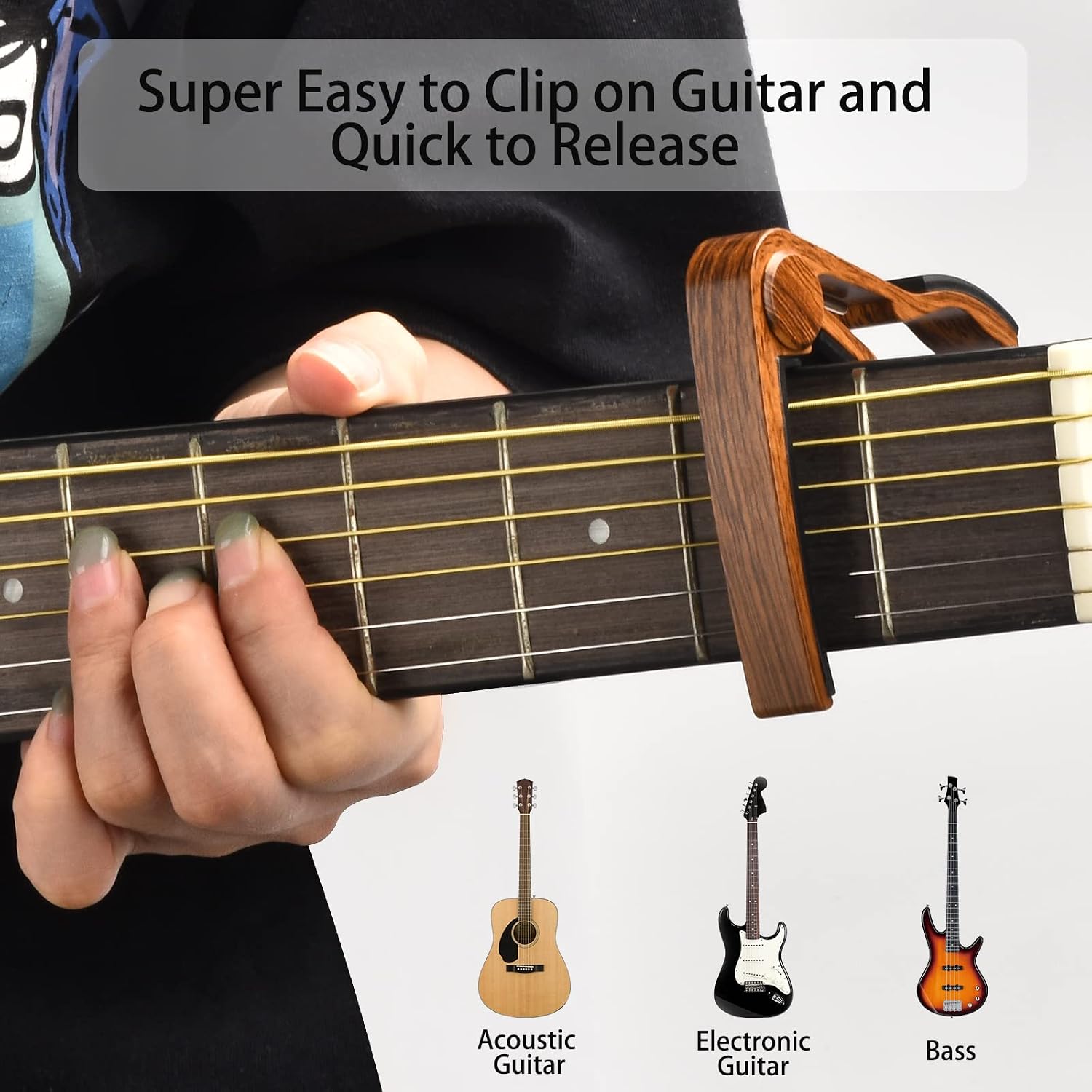 Guitar Capo, Guitar Picks, Guitar Accessories with Tuner, Capo for Acoustic Guitar, Bass, Buzzing-Free, Quick Release, Tuner Clip on for Guitar, Violin, Bass, Ukulele Chromatic, Rosewood
